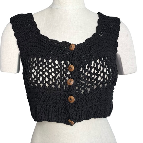 Womens Crochet Crop Top Size M Button Up Chunky Open Knit Black Boho Festival - Picture 2 of 6